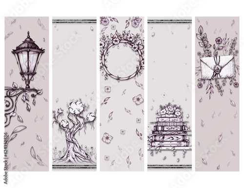 Set of 5 Digital Bookmarks with Inked Images on Letter size with a Transparent Background, Hand-drawn Floral Illustrations, Fantasy Tree, Inked, Lantern, Old Books, Old Letter,  Frame, 2x7 inches