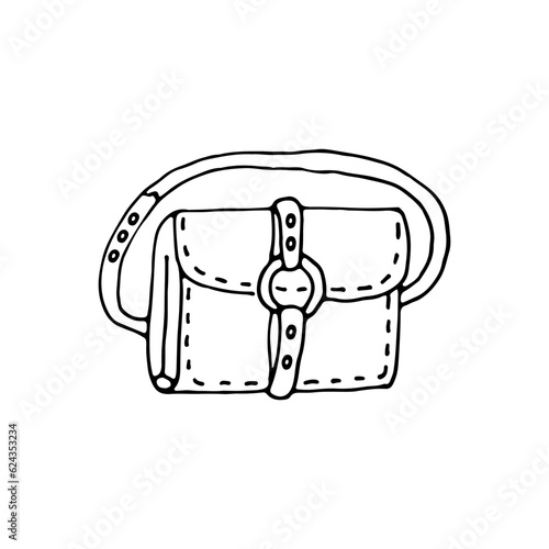 Small women's bag. With buckle and flap. Accessory. Haberdashery. Doodle. Vector illustration. Hand drawn. Outline.