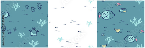 Summer sea seamless pattern. Hand drawn tropical ocean print . Beach vacation background textile design