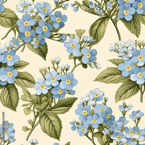 Seamless pattern of myosotis or forget-me-not. Summer, cute little flowers. Floral background. AI illustration for packaging, wrapping paper, wedding invitations, greeting cards, textile, web.