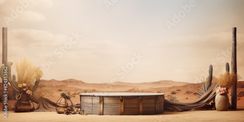 Wooden scene podium, desert view, wild west concept. Generative AI photo