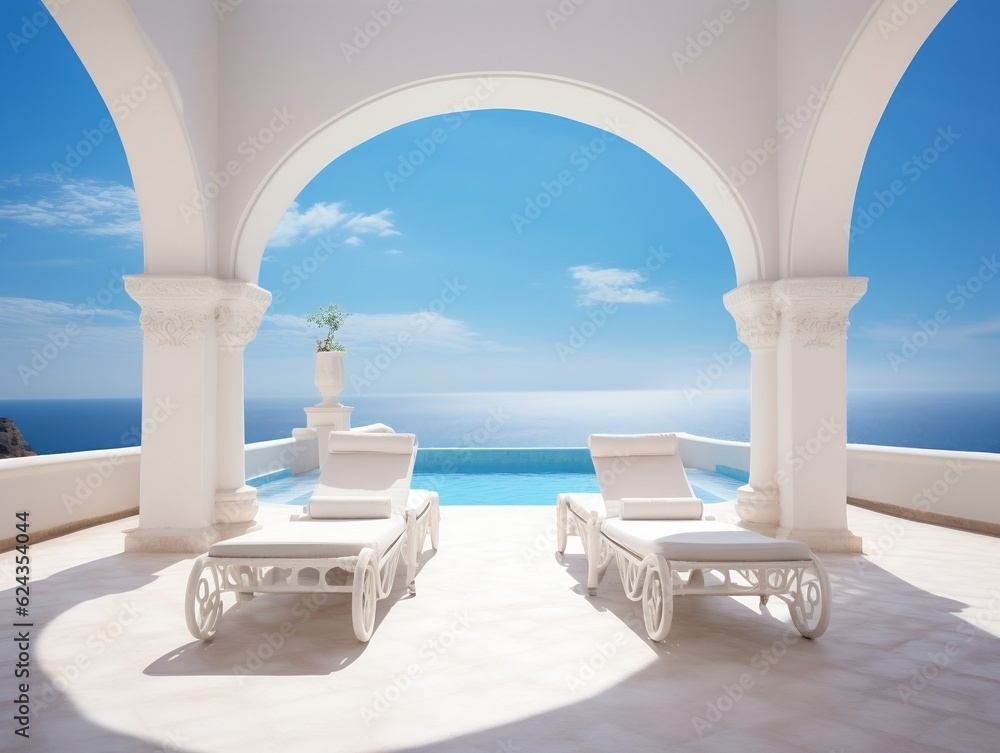 Two sunbeds on the white terrace with an arch under blue clear sky generative ai