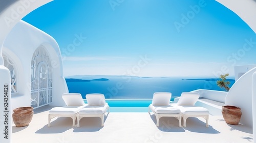 Two sunbeds on the white terrace with an arch under blue clear sky generative ai