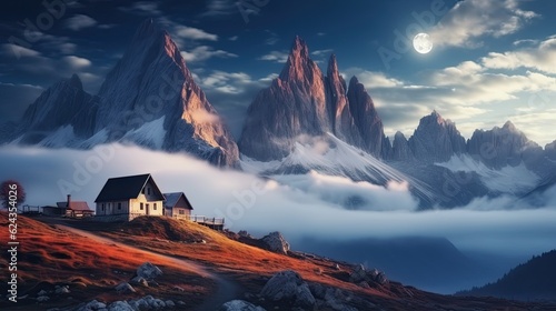 Mountains in fog with beautiful houses and churches at night in autumn. rocky terrain Blue sky with moon. Rocky peaks in Tre Cime clouds in the Dolomites, Italy. Alps at sunset in autumn.