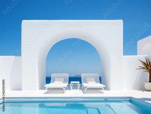Two sunbeds on the white terrace with an arch under blue clear sky generative ai © tanjidvect