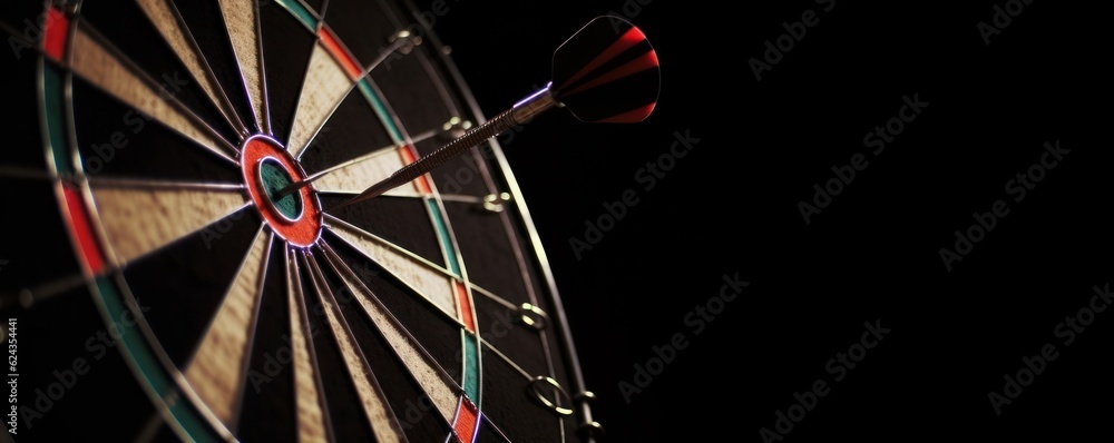 Obraz premium Success goal - Close up on a dart hitting the centre of the target - banner
