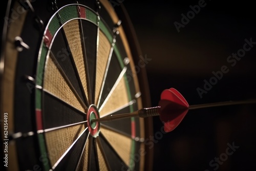 Success goal - Close up on a dart hitting the centre of the target.