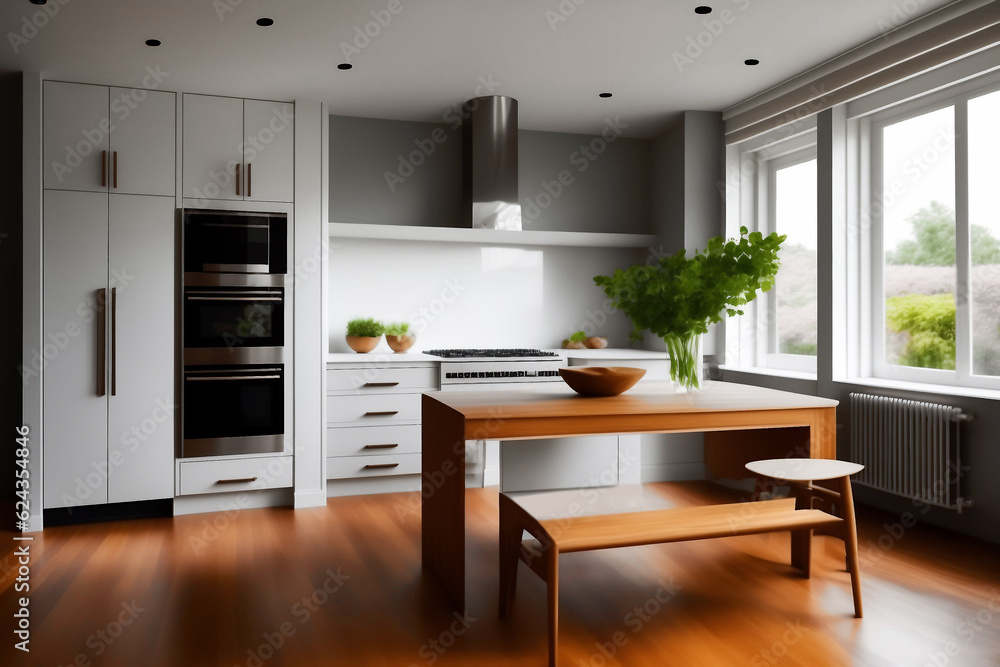 White kitchen Scandinavian interior with fridge, oven and microwave. Kitchen design in modern style. grey kitchen interior with modern furniture in a new house. wooden countertop, stove. Generative ai White kitchen Scandinavian interior with fridge, oven and microwave. Kitchen design in modern style. grey kitchen interior with modern furniture in a new house. wooden countertop, stove. Generative ai