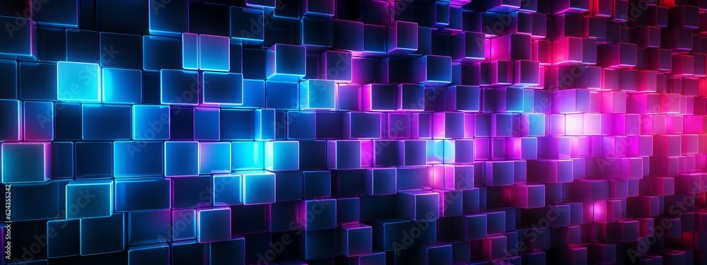 Abstract geometric pink blue neon light 3d texture wall with squares and square cubes background banner illustration with glowing lights, textured wallpaper (Generative Ai) Abstract geometric pink blue neon light 3d texture wall with squares and square cubes background banner illustration with glowing lights, textured wallpaper (Generative Ai)