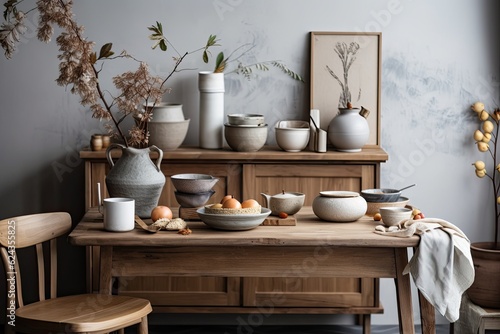 Stylish kitchen interior composition with dining table, teapot, dessert, food items, plants, and kitchen utensils in the wabi sabi style. Generative AI