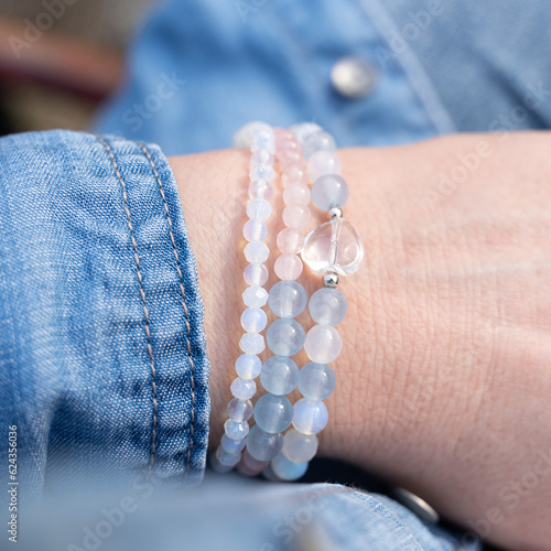 Gemstone beaded bracelet. Energy crystals, healing stone jewelry. Handmade accessories.
Birthstone. Aquamarine, mountain crystals.