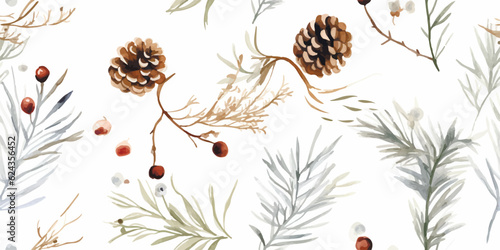 Christmas floral seamless pattern with delicate abstract branches and cones, watercolor winter illustration on white background for print, wallpapers, textile or wrapping paper