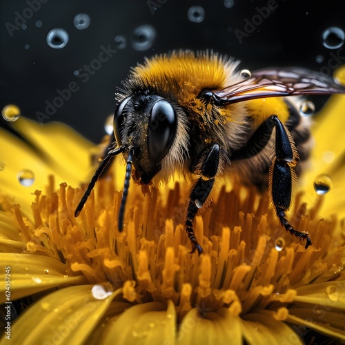 Close-Up of a Cute Bumblebee on a Dewy Yellow Dandelion, Glistening with Water Droplets. Generative Ai.  © Philipp