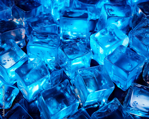 Ice cubes in blue light. AI generated.