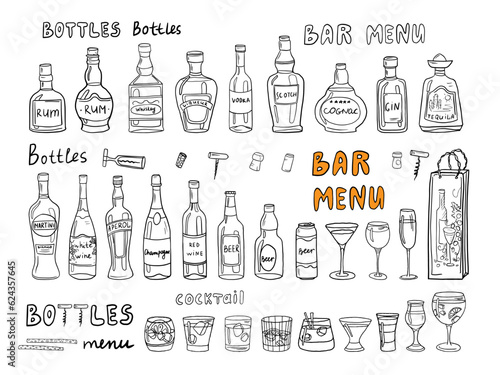 Big set of alcoholic bottles and glasses in doodle style. Alcohol cocktail drinks, champagne, beer, martini, wine, rum, tequila, cognac, whiskey and other.  Great for bar menu, banner. Vector EPS10