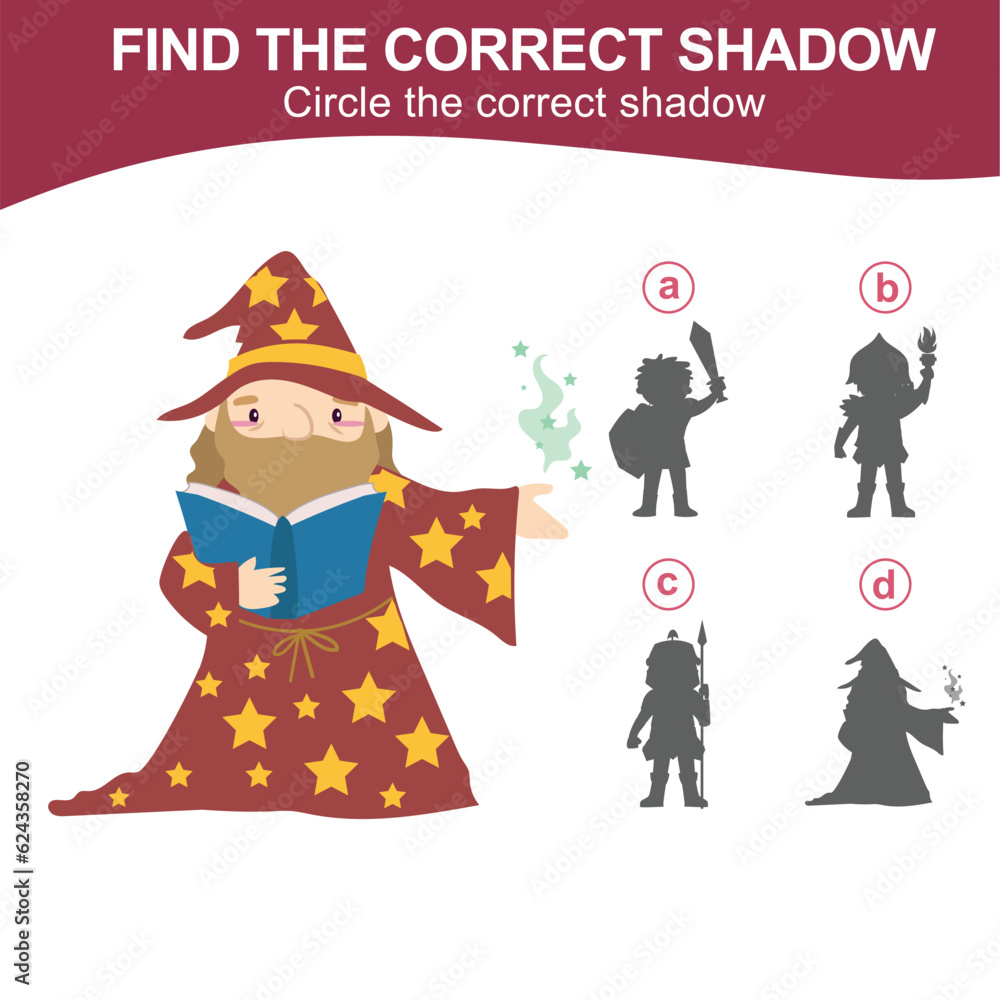 Find the correct shadow of a sorcerer or wizard reading the spell book. Matching shadow game for children with fairytale kingdom theme. Worksheet for kid. Educational printable worksheet in vector fil Find the correct shadow of a sorcerer or wizard reading the spell book. Matching shadow game for children with fairytale kingdom theme. Worksheet for kid. Educational printable worksheet in vector fil