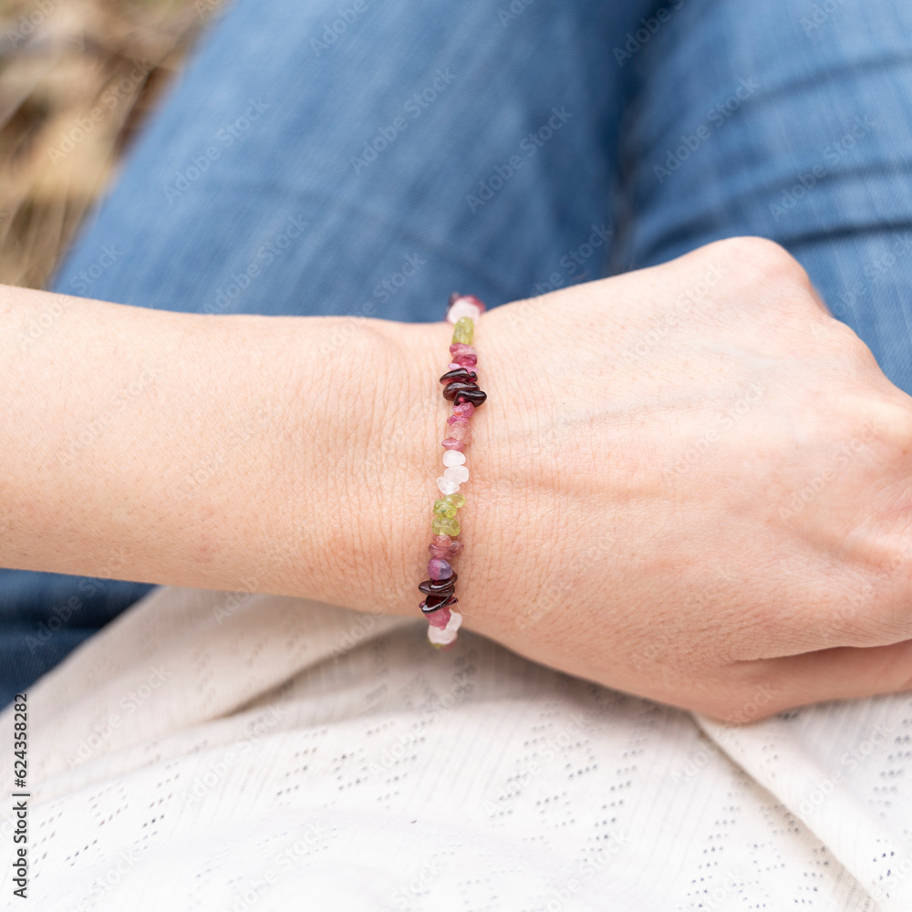 Gemstone tiny beaded bracelet. Energy crystals, healing stone jewelry. Handmade accessories.
Citrine, Garnet, Peridot.