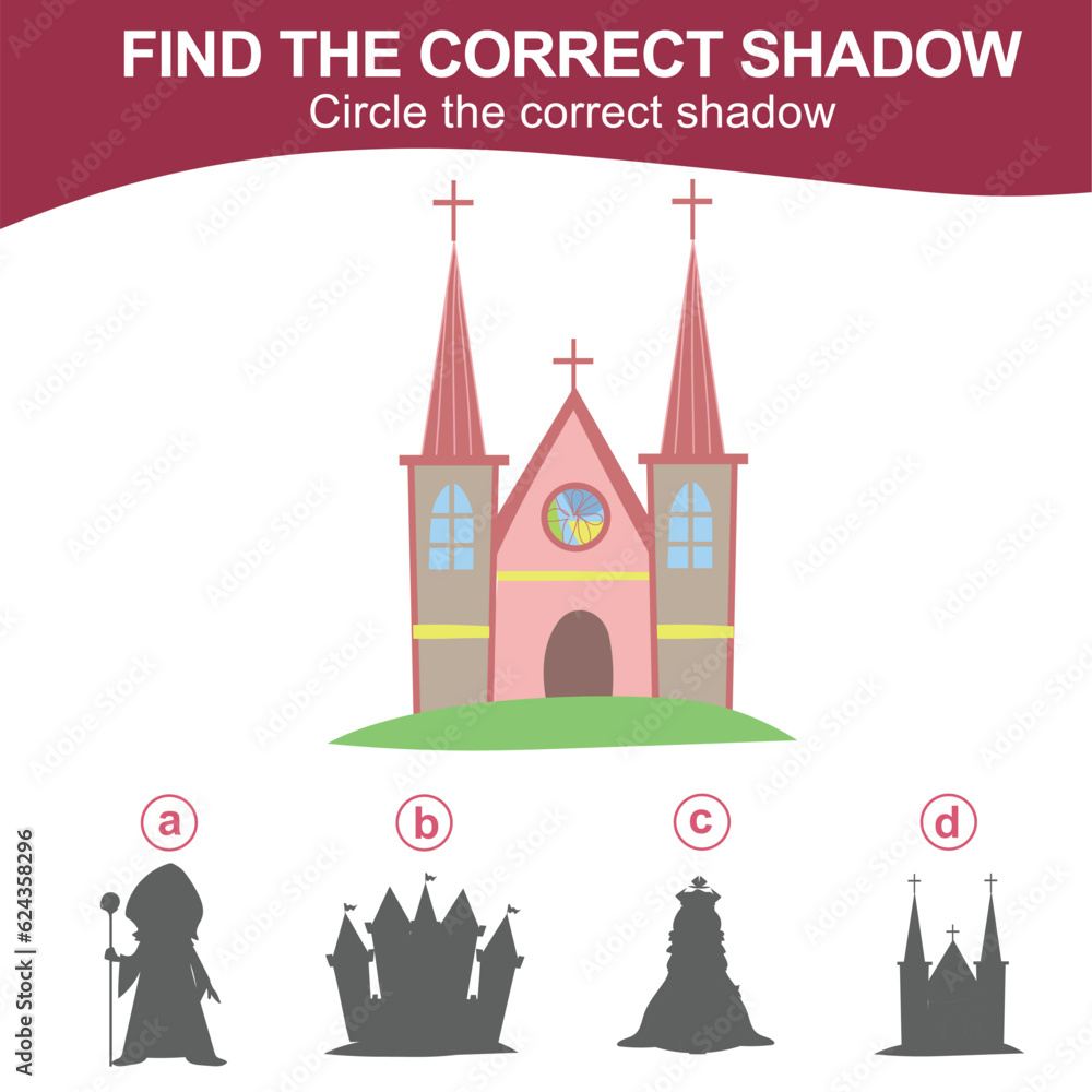 Find the correct shadow of the ancient church. Matching shadow game for children with fairytale kingdom theme. Worksheet for kid. Educational printable worksheet in vector file.