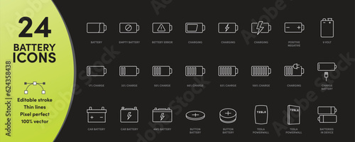 Battery thin line icons. A variety of different batteries with editable strokes