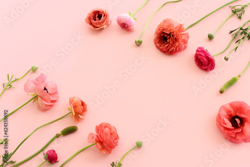 Wallpaper Mural Top view image of pink flowers composition over pastel background Torontodigital.ca