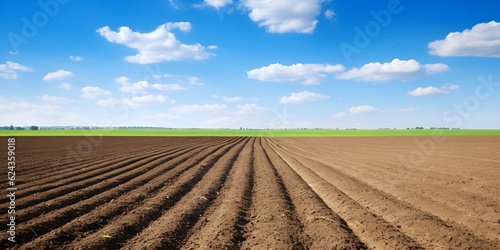 Plowed agricultural fields prepared for planting crops . Countryside landscape with cloudy sky, farmlands in spring.