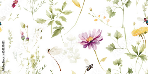 Delicate floral seamless pattern with abstract wildflowers, green branches, flying dragonflies and bumblebee, watercolor garden illustration on white background, print for wallpapers, textile, cover