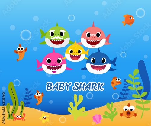 Baby shark birthday greeting card template. Shark cards. Birthday invite, happy child party in ocean style.