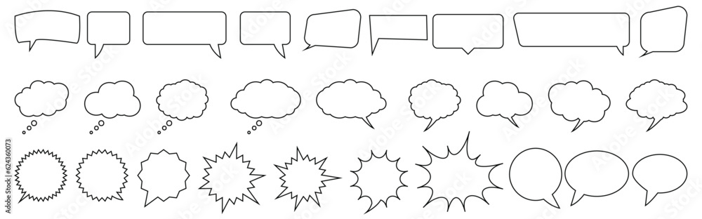 Naklejka premium Speech bubbles thin outline icons set. Talk or chat message balloon and communication elements collection with editable stroke.