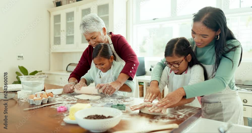 Grandmother, mom and girls with happiness, bake and learning with ingredients, quality time and home. Mama, happy granny or female children with food, baking and wellness with quality time and family Grandmother, mom and girls with happiness, bake and learning with ingredients, quality time and home. Mama, happy granny or female children with food, baking and wellness with quality time and family