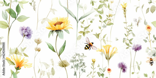 Delicate floral seamless pattern with abstract wildflowers, green branches, flying dragonflies and bumblebee, watercolor garden illustration on white background, print for wallpapers, textile, cover