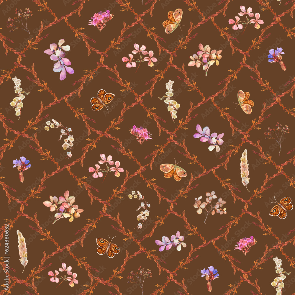Floral rhombus print. Floral seamless pattern with dried flowers and butterflies hand drawn in watercolor. Watercolor print for wallpaper, fabric with wildflowers and herbs Floral rhombus print. Floral seamless pattern with dried flowers and butterflies hand drawn in watercolor. Watercolor print for wallpaper, fabric with wildflowers and herbs
