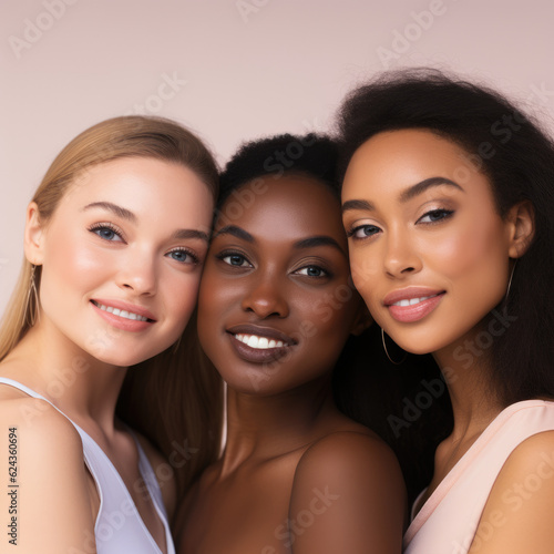 Beauty. Multi Ethnic Group of Womans with diffrent types of skin together against beige background. 