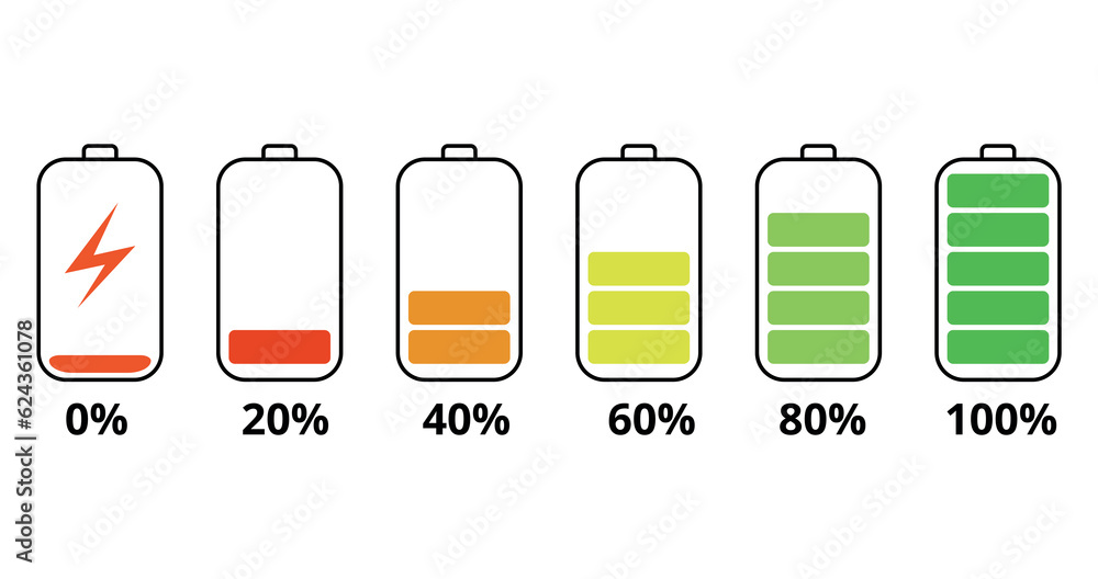 cell phone battery icons charging from 0 to 100%, cell phone battery charging bar flat vector illustration. cell phone battery icons charging from 0 to 100%, cell phone battery charging bar flat vector illustration.