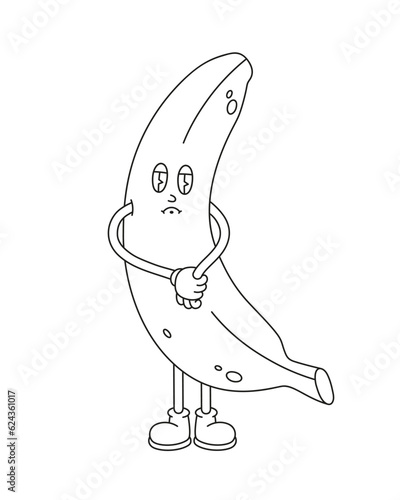 The hand-drawn retro character of a banana with a sad face. Concept of lonely banana, food waste. Vector illustration in trendy retro cartoon style. Line art