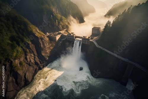 Eco-friendly hydroelectric power plant captured aerially, harnessing the power of a majestic waterfall. AI Generative.
