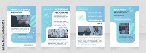 Medical service provider brochure design with photo. Healthcare company. Template set with copy space. Flyer layout ready to use. Editable 4 paper pages. Kanit Bold, Josefin Sans Regular fonts used