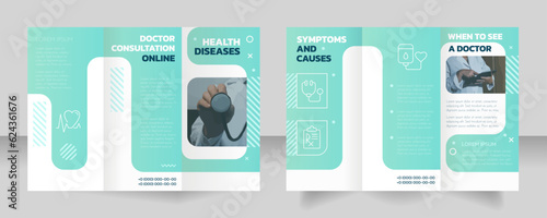 Doctor consultation online trifold brochure template with photo. Medical help. Z fold leaflet set with copy space for text. Editable 3 panel flyers. Kanit Bold, Josefin Sans Regular fonts used