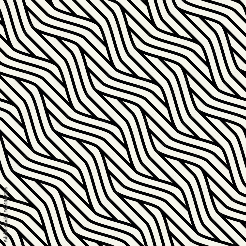 Vector seamless pattern with geometric waves. Endless stylish texture. Ripple monochrome diagonal background. Bold weaved grid. Modern interlaced striped swatch.	