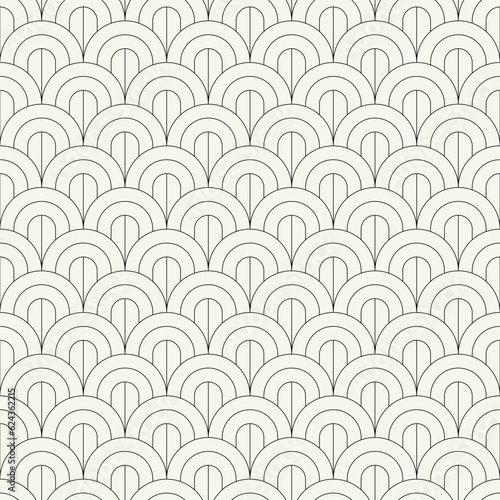 Vector seamless pattern. Stylish linear ornament. Geometric striped background with arches. Art deco thin monochrome swatch. Tileable print with linear pointed arches.
