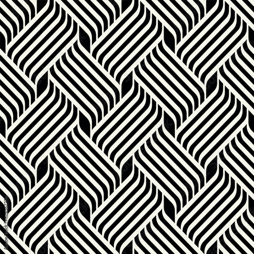 Vector seamless pattern. Black geometric weaves. Endless stylish texture. Ripple monochrome background. Linear weaved grid. Thin interlaced elegant swatch.