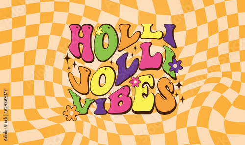 Christmas inscription holly jolly viber on a checkered background in a groove style.Congratulations on the New Year and Merry Christmas. Vector illustration in cartoon retro style