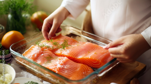 Artful Marination: Close-Up, Top-View Capture of Woman Marinating Raw Salmon at Table