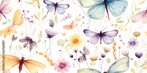 Floral seamless pattern with abstract butterflies and dragonflies, colorful watercolor illustration isolated on white background, wildlife print for textile or wallpapers, colored summer pattern
