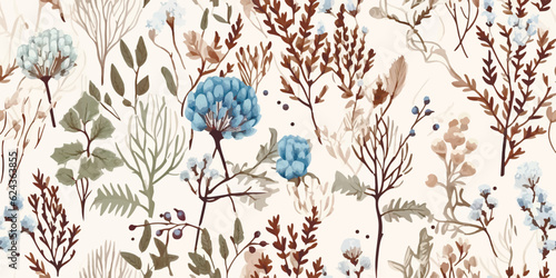 Floral seamless pattern with abstract flowers, branches, leaves, pine cones and plants, botanical vector illustration in vintage style