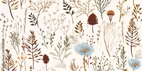 Floral seamless pattern with abstract flowers, branches, leaves, pine cones and plants, botanical vector illustration in vintage style