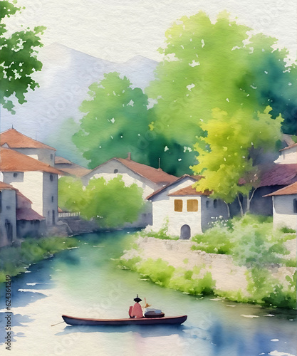 Watercolor painting of a peaceful village scene with a man in a boat on a river