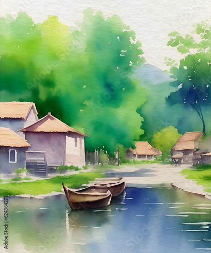 Watercolor Painting of a Rustic Village by the River