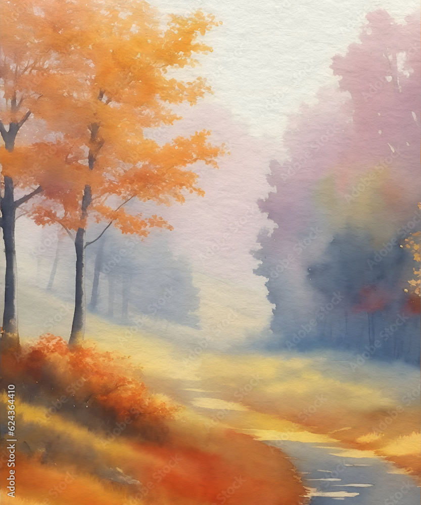 Watercolor Painting of a Misty Forest Stream