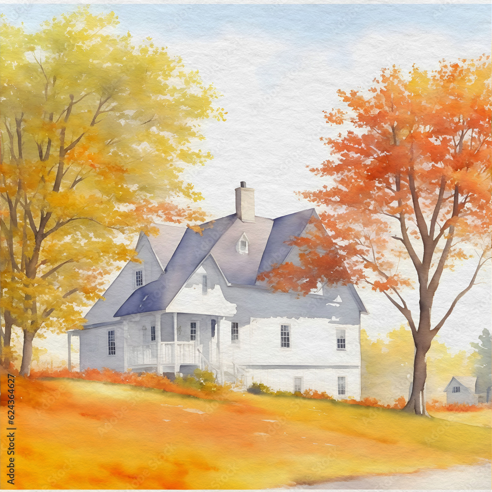 Watercolor Painting of a White House in the Fall | Fall Landscape Artwork, Trees, Nature Watercolor Painting of a White House in the Fall | Fall Landscape Artwork, Trees, Nature