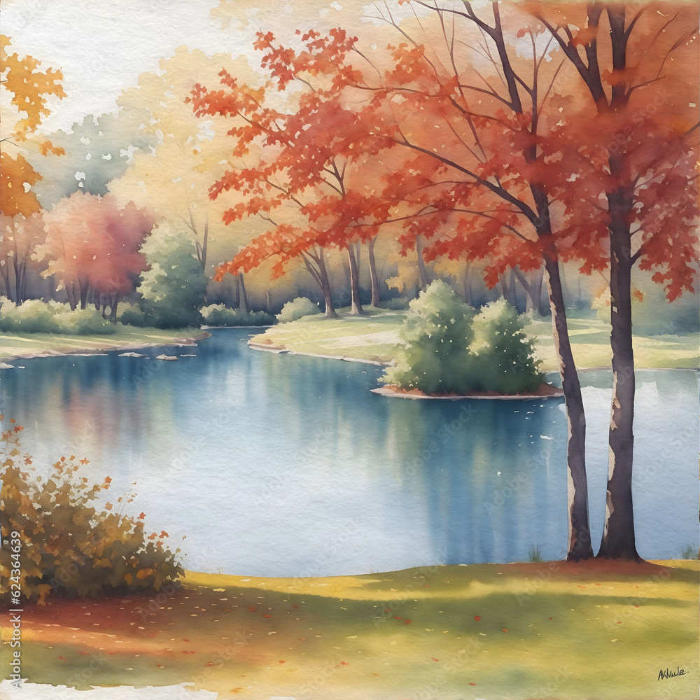 Watercolor Painting of a Tranquil Lake with Autumn Leaves